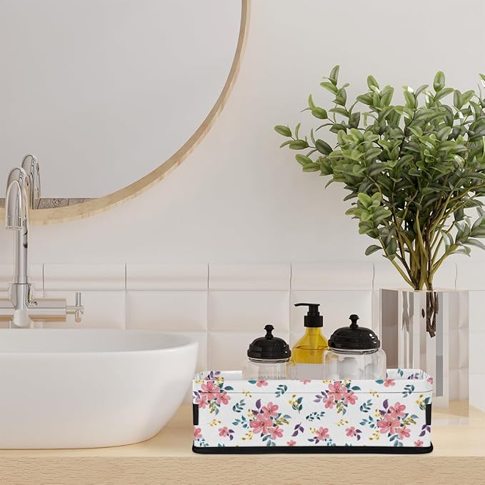 Toilet Tank Topper Paper Basket with Handle, Floral Pattern Foldable Bathroom Storage Basket for Organizing, Small Fabric Storage Bins for Bathroom Decor