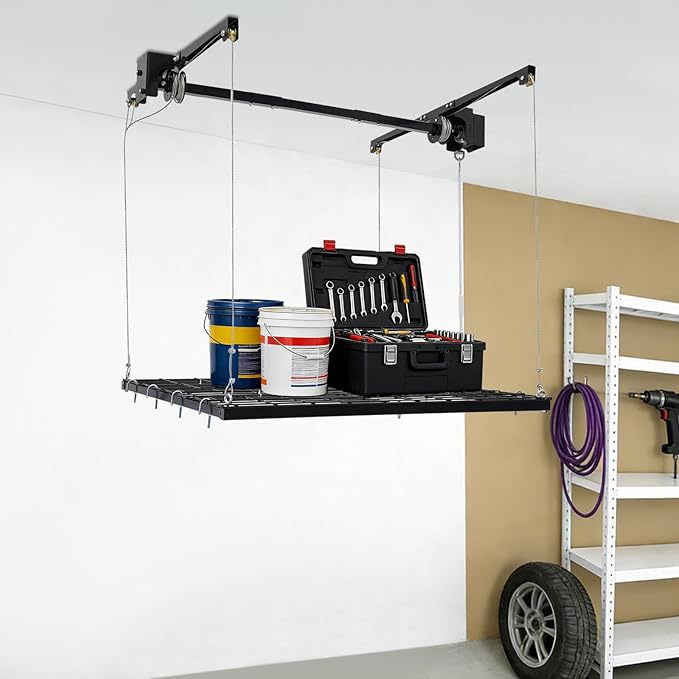 Ceiling Mount Garage Storage Rack 48x48 Inch, 300lbs Capacity Overhead Lifting Storage Rack with Adjustable Height up to 79 Inch, Heavy Duty Carbon Steel for Garage Warehouse Tool Storage, Matte Black