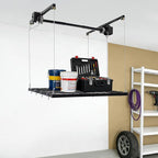 Ceiling Mount Garage Storage Rack 48x48 Inch, 300lbs Capacity Overhead Lifting Storage Rack with Adjustable Height up to 79 Inch, Heavy Duty Carbon Steel for Garage Warehouse Tool Storage, Matte Black