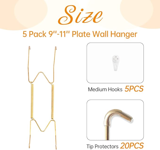 5 Pack Plate Hangers for The Wall, Suitable for 9-11 inch Art Plate, Stainless Steel Invisible Heavy Duty Wire Plate Holder with Wall Hooks, Plate Hangers for Displaying Plates, Platter, Dish, Gold
