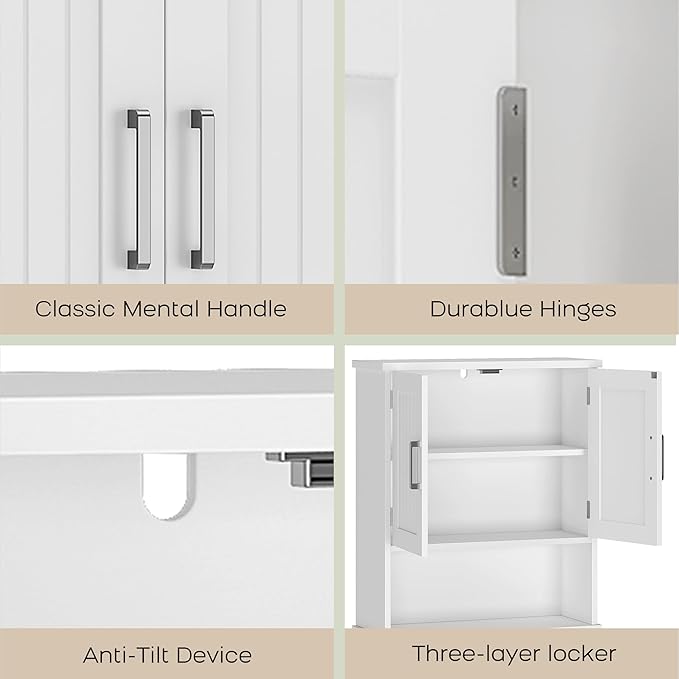 GarveeHome Over The Toilet Storage Cabinet, Double Door Bathroom Storage Organizer with Anti-Tip Device, Small Freestanding Space Saver with Open Shelf, White
