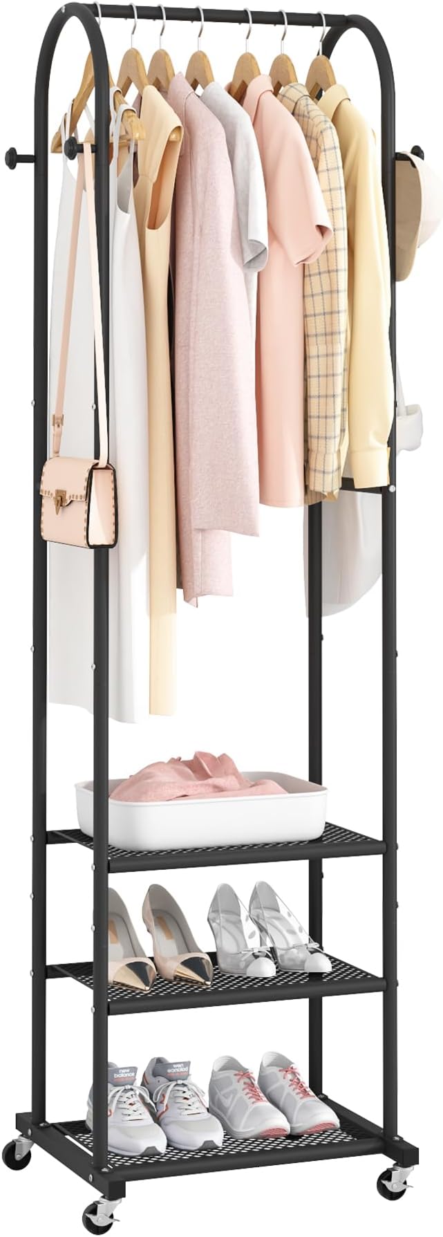 Heavy Duty Clothing Rack with Wheels,Modern Garment Rack with 3 Metal Shelves, 71.8Inches Display Rack for Hanging Clothes, Hanging Rod for Small Space,Black