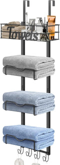 HarJue Over The Door Towel Racks, No Drill Towel Storage with Basket & Hooks, Space-Saving Multi-Functional Towel Holder for Bathrooms, bedrooms, Apartments, RVs (Matte Black)