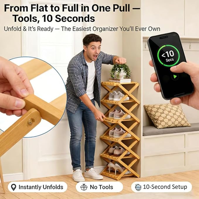 The 9-Tier No-Assembly Bamboo Rack, Foldable Stackable 9 Tier Bamboo Shoe Rack Vertical Storage Sturdy & Stable, Tall Narrow Space-Saving Expandable Shoe Rack for Entryway Closet Dorm (Brown,9 Tiers)