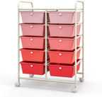 Giantex 10 Drawers Rolling Cart, Classroom Organizers, Storage Cart with Wheels, for Teacher Office Home School Supplies Tool Craft Art Paper, Pink Gradient
