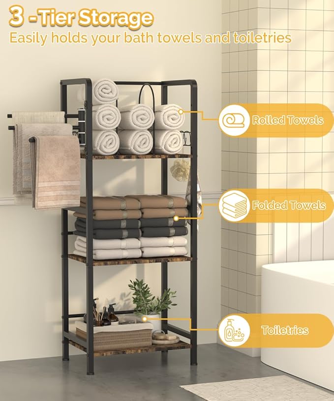 Free Standing Towel Racks for Bathroom with 3 Rotating Bars, 3-Tier Floor Towels Holder Stand with Detachable Dividers, Pool Towel Storage Organizer with 8 S-Hooks for Home, Poolside, Black