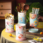 WAIT FLY Flower Porcelain Kitchen Utensil Holder with Bottom Flatware Storage Organizer Utensil Crock for Countertop Kitchen Counter Decor-Red