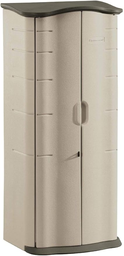 Rubbermaid Compact Vertical Resin Storage Shed With Floor (2 x 2.5 Ft), Weather Resistant, Beige/Brown, Organization for Home/Backyard/Garden Tools/Porch/Patio Cushions/Pool Chemicals/Toys