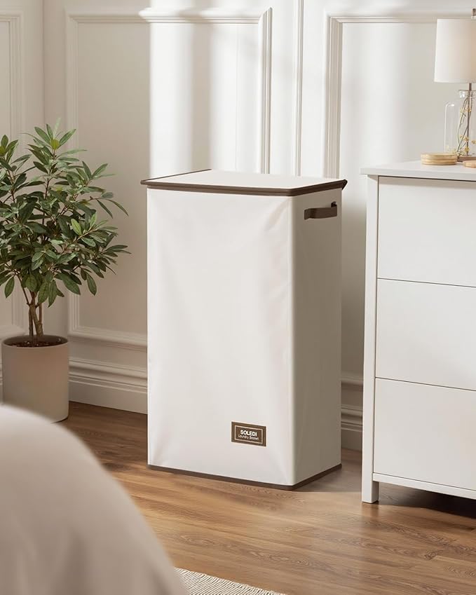 SOLEDI Clothes Hamper with Lid - 100L XL - Large Laundry Basket with Removable Bag, Collapsible Laundry Baskets, Convenient Storage - Hampers for Laundry for Bedroom, Bathroom, Closet, Dorm, Off-White