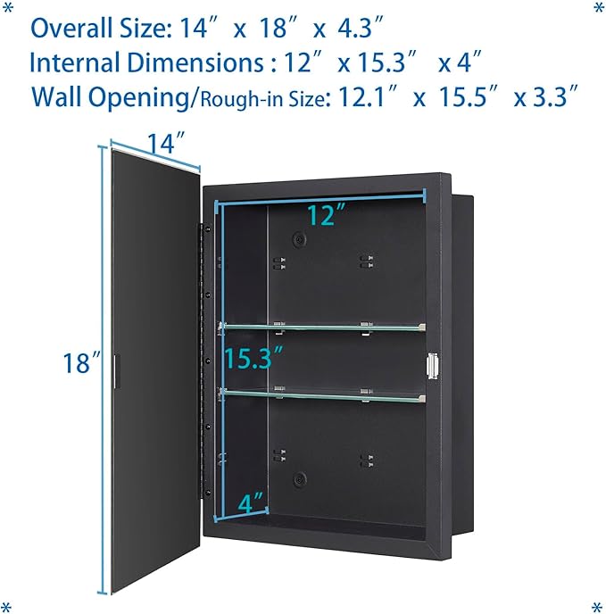 Black Bathroom Medicine Cabinet with Beveled Edge Mirrored Door 14 x 18 inch, Recessed or Surface Mount, with Adjustable Glass Shelves