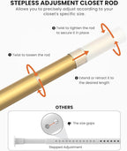 Closet Rods for Hanging Clothes, 17 to 28 Inches Stepless Adjustable Metal Closet Rod, 1.3 Inches Heavy Duty Clothes Hanging Rod for Closet Wardrobes Laundry RV, Golden