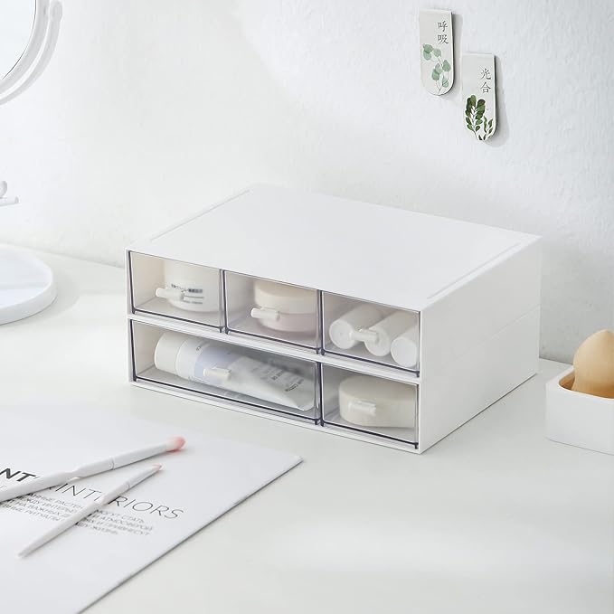 Desk Organizer with 6 Drawers, Makeup Organizer, Plastic Cosmetic Organizer, Bathroom Organization Boxes, Desktop Storage Box(White)