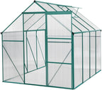 6 x 8 FT Outdoor Patio Greenhouse, Polycarbonate Board, Raised Base, Sliding Door, Adjustable Roof, Window Greenhouse, Anchor Aluminum Heavy Duty Walk-in Greenhouse