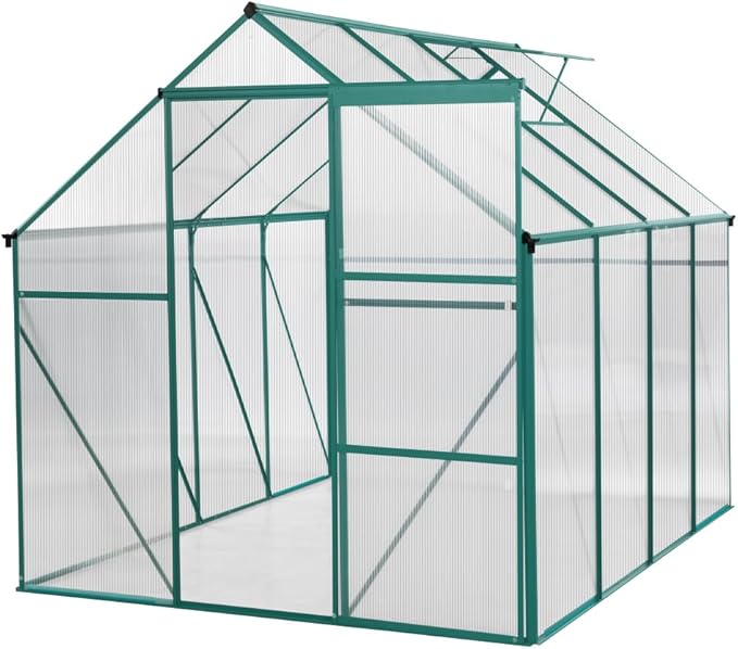 6 x 8 FT Outdoor Patio Greenhouse, Polycarbonate Board, Raised Base, Sliding Door, Adjustable Roof, Window Greenhouse, Anchor Aluminum Heavy Duty Walk-in Greenhouse