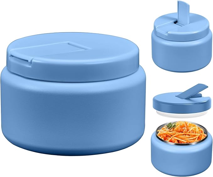 13.5oz Kids Jar for Hot Food, Insulated Vacuum Food Jar with Buckle Lid, Stainless Steel Wide Mouth Leak Proof Insulated Lunch Container for School Picnic Travel, Sky Blue