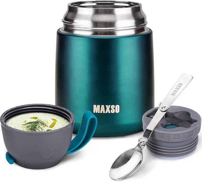 MAXSO Soup Thermo for Hot & Cold Food for Adults Kids, 17 oz Vacuum Insulated Steel Lunch Container Bento Box with Spoon, Leakproof Thermal Food Jar for School Office Travel - Green