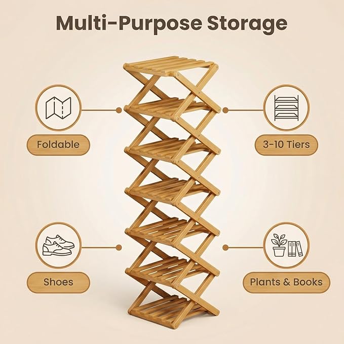 The 9-Tier No-Assembly Bamboo Rack, 3-9 Tiers Bamboo Shoe Rack, Foldable Bamboo Vertical Shoe Organizer, Multifunctional & Space-Saving, For Entryway, Closet, Corner, Bedroom, Hallway (Walnut, 9Tiers)