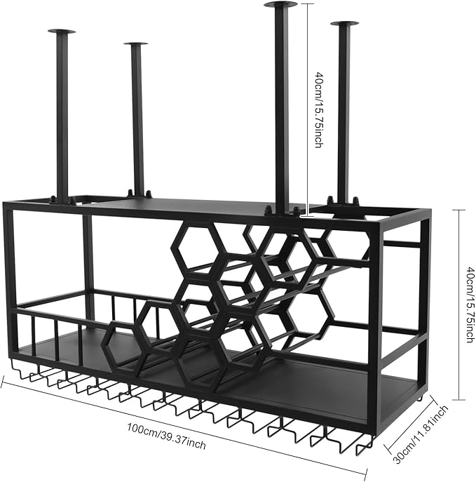 Ceiling Wine Glass Rack, Hanging Wine Rack with Glass Holder and Shelf, 2 Layer Industrial Iron Hanging Wine Bottle Holder, Metal Ceiling Shelf for Bar Cafe Kitchen, 39.4*11.8*15.8in (Black)