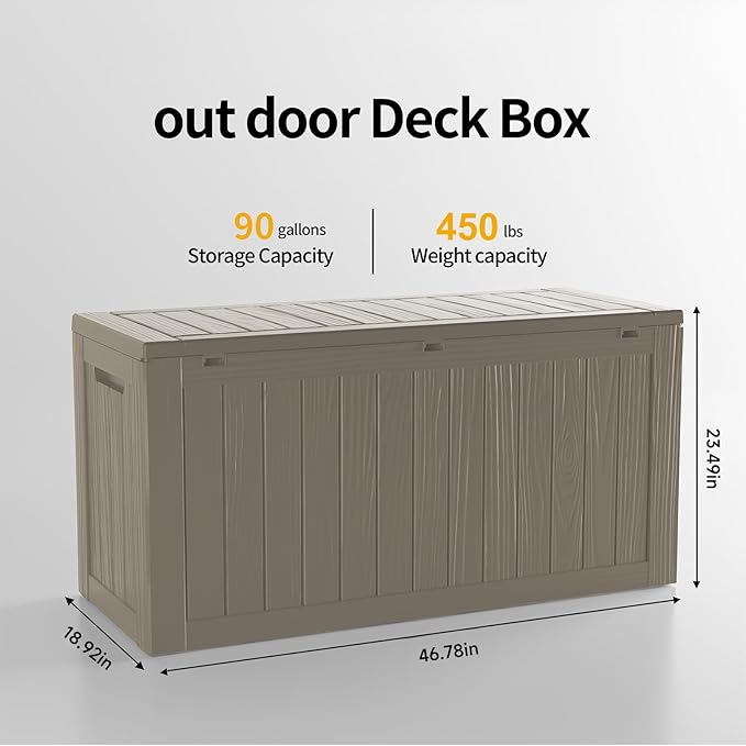 90 Gallon Deck Box,Waterproof Resin Outdoor Storage Box for Patio Furniture,Outdoor Cushions,Garden Tools and Pool Supplies,Weatherproof(Grey,90Gallon)