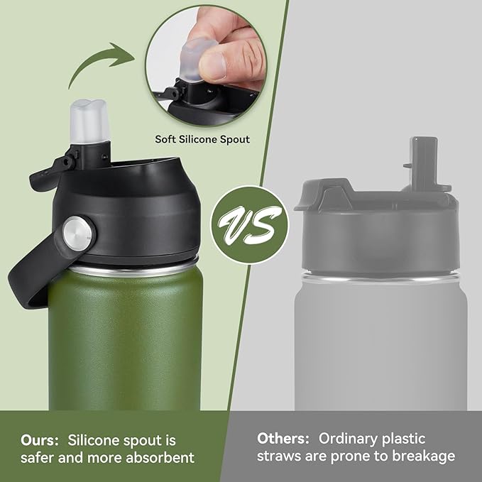 18oz Insulated Stainless Steel Water Bottle, Wide Mouth Double Wall Vacuum, Silicone Straw, Sweat & Leak Proof, BPA Free Insulated Water Flask for Travel, Keep Cold 24h Hot 12h, Green