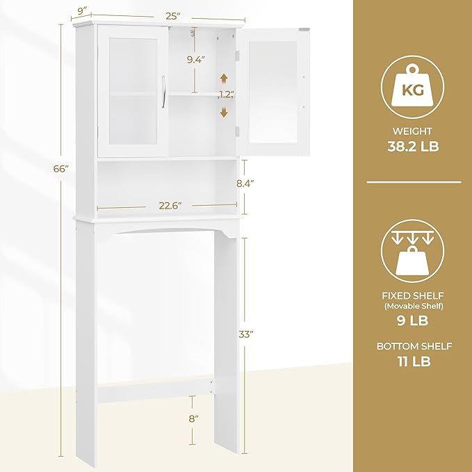 Yaheetech Over The Toilet Storage Cabinet with Double Tempered Glass Doors and Adjustable Shelf, Freestanding Bathroom Storage Rack, 66 Inches Height