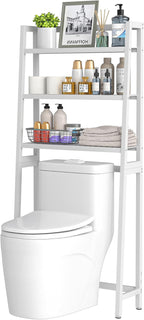 VASMIA Over The Toilet Storage,Bamboo 3-Tier Bathroom Organizer Over Toilet Storage Cabinet,Freestanding Space Saver with 3 Hooks White