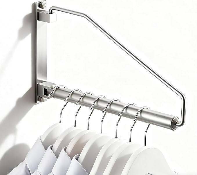 Folding Wall Mounted Clothes Hanger Rack Clothes Hook Solid Brass with Swing Arm Holder Clothing Hanging System Closet Storage Organizer Heavy Duty Drying Rack Wall Mount,Brushed Nickel
