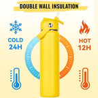 24oz Insulated Stainless Steel Water Bottle, Wide Mouth Double Wall Vacuum, Silicone Straw, Sweat & Leak Proof, BPA Free Insulated Water Flask for Travel, Keep Cold 24h Hot 12h, Yellow