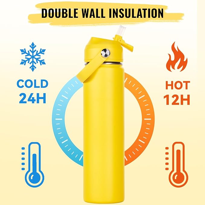24oz Insulated Stainless Steel Water Bottle, Wide Mouth Double Wall Vacuum, Silicone Straw, Sweat & Leak Proof, BPA Free Insulated Water Flask for Travel, Keep Cold 24h Hot 12h, Yellow