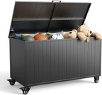 Outdoor Storage Box with Wheels 150 Gallon, Metal Deck Boxes Waterproof, UV Resistant Patio Storage Box with Lid for Patio Furniture, Garden Tools (Black)