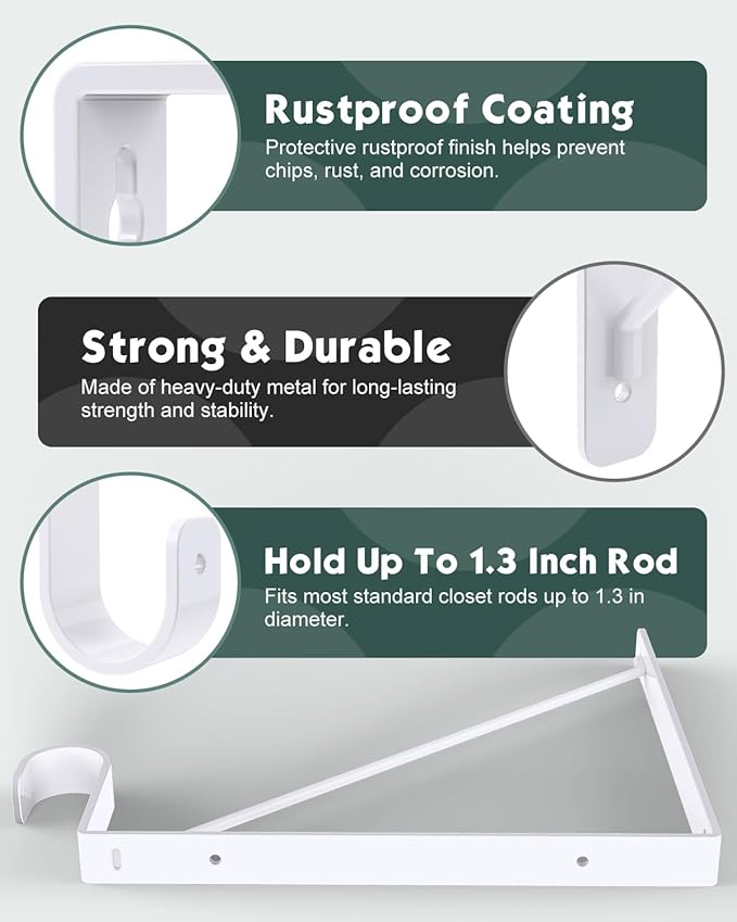 2 Pack Closet Rod Bracket, Heavy Duty Closet Rod Support with Rod Holder, Wall Mounted Closet Shelf Brackets with Triangle Stabilizing Design for Closet, Bathroom and Kitchen, White