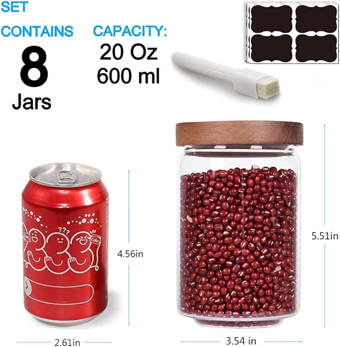 SAIOOL Stackable Kitchen Canisters Set of 8,High Borosilicate Glass Cylinder Airtight Food Storage, sort out the tea, flour, candies, grain easily and clearly