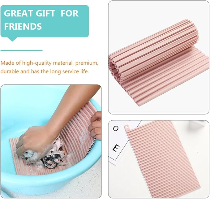 SECFOU Non-Slip Soft Silicone Laundry Washboard, Portable Foldable Household Washing Board for Hand Clothes Cleaning, Pink Small Size for Travel and Home Use