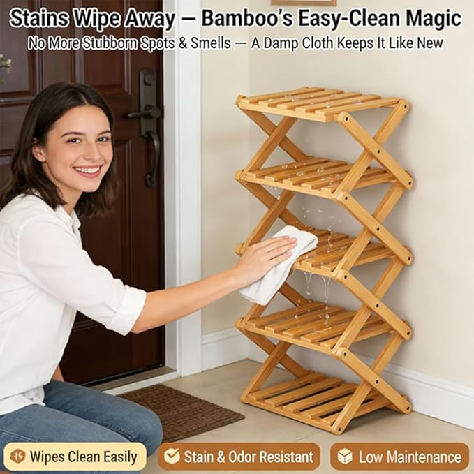 The 9-Tier No-Assembly Bamboo Rack, Foldable Stackable 9 Tier Bamboo Shoe Rack Vertical Storage Sturdy & Stable, Tall Narrow Space-Saving Expandable Shoe Rack for Entryway Closet Dorm (Brown,9 Tiers)