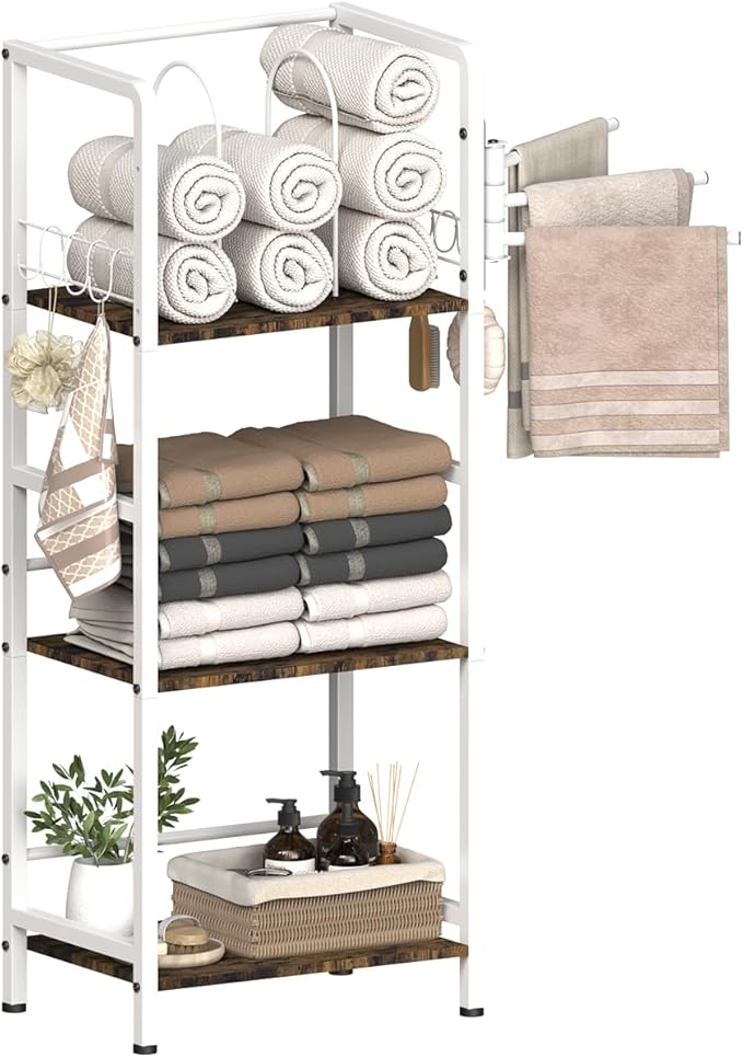 Free Standing Towel Racks for Bathroom with 3 Rotating Bars, 3-Tier Floor Towels Holder Stand with Detachable Dividers, Pool Towel Storage Organizer with 8 S-Hooks for Home, Poolside, White