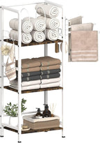 Free Standing Towel Racks for Bathroom with 3 Rotating Bars, 3-Tier Floor Towels Holder Stand with Detachable Dividers, Pool Towel Storage Organizer with 8 S-Hooks for Home, Poolside, White