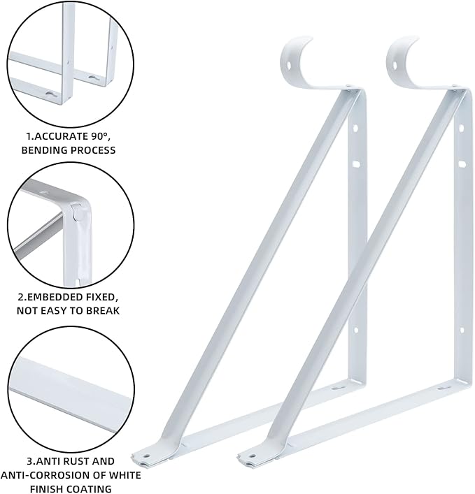 Heavy Duty Closet Rod Brackets 4 Pack, Wall Mounted Closet Shelf Bracket, 11 x 9.5 in Shelves Support Brace with Hook, White with Screws, HOME MASTER HARDWARE