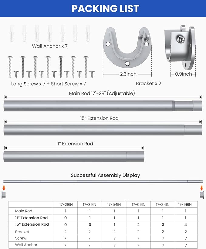 Closet Rods for Hanging Clothes, 17 to 99 Inches Stepless Adjustable Metal Closet Rod, 1.3 Inches Heavy Duty Clothes Hanging Rod for Closet Wardrobes Laundry RV, Silver