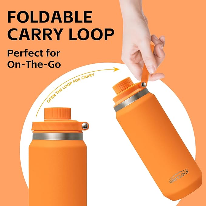 Greylock 20 oz Insulated Water Bottle with Straw Lid, Reusable Stainless Steel Sports Water Bottles with Foldable Handle, Leak Proof, Double-Wall Vacuum Insulation, 24 Hours Cold(Tangerine)