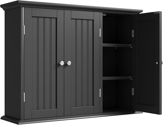 ChooChoo Bathroom Wall Cabinet with 3 Doors, Laundry Cabinet Wall Mounted, Medicine Cabinet with Adjustable Shelves, Hanging Kitchen Cupboard Organizer, Black