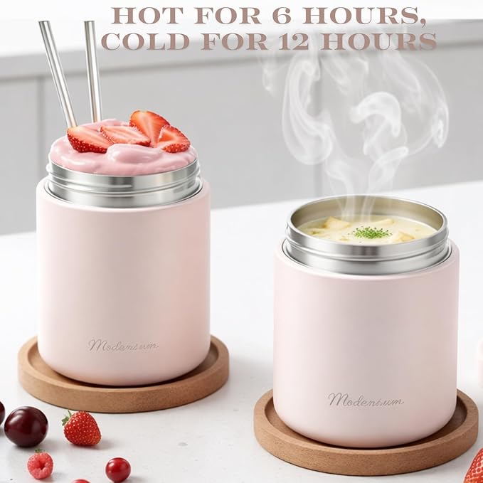 Stainless Steel Insulated Food Jar Set of 2 (16oz + 12oz), Wide Mouth, Soup Thermo for Hot Food, Lunch Container, Insulated Soup Bowl, Hot and Cold Insulated Lunch Box, Pink