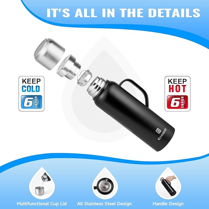 Insulated Vacuum Thermo Bottle 1500ml/50.7oz with Cup Stainless Steel Coffee Bottles for Hot and Cold Drink Water Flask.(Black, with Handle, 1500ml)