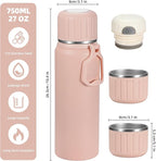 750ml/27 OZ Coffee Thermo with 3 cups, Insulated Water Bottle, Stainless Steel Vacuum Flask Set for Hot and Cold Drinks, Gifts Box