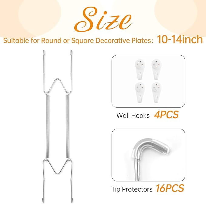 Bilillo 4 Pack Plate Hangers for The Wall, Suitable for 10-14 inch Art Plate, Stainless Steel Invisible Heavy Duty Wire Plate Holder with Wall Hooks, Plate Hangers for Displaying Plates, Silver