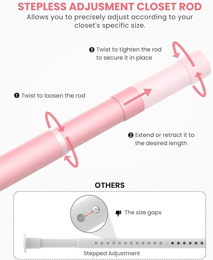 Closet Rods for Hanging Clothes, 17 to 39 Inches Stepless Adjustable Metal Closet Rod, 1.3 Inches Heavy Duty Clothes Hanging Rod for Closet Wardrobes Laundry RV, Pink