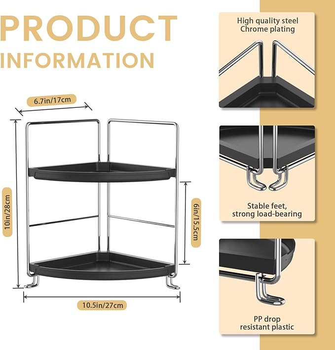 2-Tier Bathroom Organizer Countertop Corner - Makeup Organizer Cosmetic Perfume Holder Bedroom Storage Shelf or Kitchen Spice Rack (Chrome + Black)