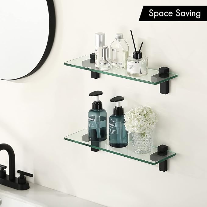 KES Glass Shelves for Bathroom 2 Pack, 16 Inch Tempered Glass Floating Shelves Wall Mount Matte Black, BGS3201S40-BK-P2