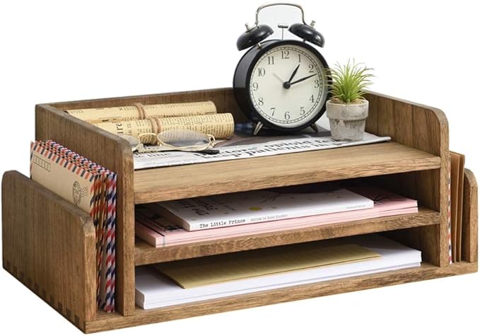 KIRIGEN Wood Desk Organizer 5 Trays - Desktop Document Letter Tray for Folders, Mail,File -Nature 3-Tier Office Mail Sorter Organizer Rack/Telephone Stand/Document Holder Dark Brown(2TP-DBR)