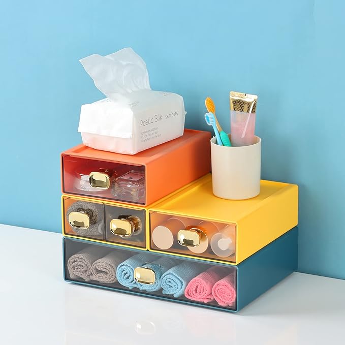 Spacious Desktop Storage Box, 1 Large 1 Middle & 2 Small Storage Drawers, Stackable Office Desk Drawer Organizer and Accessories, Printer Paper Organizer, Yellow Plastic Drawers for Workspace