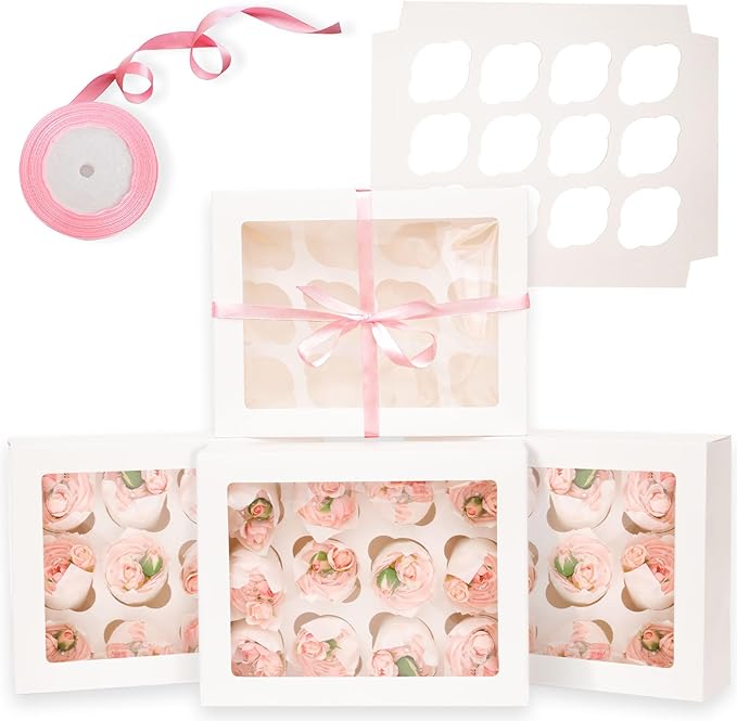 Bakepacker Auto-pop Up Cupcake Boxes with Window White 20PCS 12 Count Cupcake Box 13"x10"x3.5" Cupcakes Carrier, 12 Cupcake Containers with rolls of pink ribbons